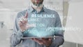 Resilience, elasticity, spring, tension, physics word cloud made as hologram used on tablet by bearded man, also used