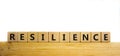 Resilience symbol. Word `Resilience` written on wooden blocks. Copy space. Beautiful wooden table, white background. Business an