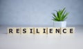 Resilience word concept on cubes on blue background. Royalty Free Stock Photo