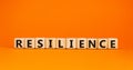 `Resilience` written on wood blocks. Business concept. Copy space. Beautiful orange background