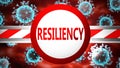 Resiliency and covid, pictured by word Resiliency and viruses to symbolize that Resiliency is related to coronavirus pandemic, 3d