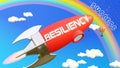 Resiliency lead to achieving success in business and life. Cartoon rocket labeled with text Resiliency, flying high in the blue