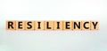 Resiliency symbol. Word `Resiliency` written on wooden blocks. Copy space. Beautiful white table, white background. Business and Royalty Free Stock Photo