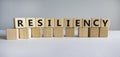 Resiliency symbol. Word `Resiliency` written on wooden blocks. Copy space. Beautiful white table, white background. Business and