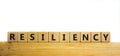 Resiliency symbol. Word `Resiliency` written on wooden blocks. Copy space. Beautiful wooden table, white background. Business an