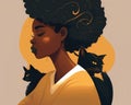 A resilient black woman pauses in her journey her cat sitting contentedly on her shoulder embodying an unbreakable sense