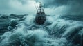 Resilient Maritime Workers: Rugged Fishing Boat Enduring Turbulent Ocean Waves and Dramatic Overcast Sky Royalty Free Stock Photo