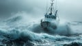 Resilient Maritime Workers: Rugged Fishing Boat Enduring Turbulent Ocean Waves and Dramatic Overcast Sky Royalty Free Stock Photo