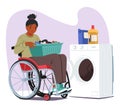 Resilient Woman In A Wheelchair, Determined And Self-sufficient, Confidently Loads Her Laundry Into A Washing Machine