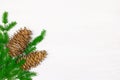 Resinous cedar cones with green Christmas tree branches on white wooden surface. Copy space. Christmas background Royalty Free Stock Photo