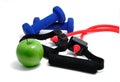 Resistance Band, Blue Weights and Green Apple