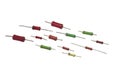Resistor set: multicolored cylindrical vintage electronic components with leads for through hole mounting, neatly lay out in rows Royalty Free Stock Photo