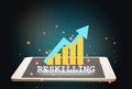 Reskilling and growth graph on computer tablet on revolution abstract background Royalty Free Stock Photo