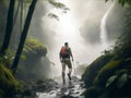 A resolute adventurer in gear journeys along a rocky path beside a tranquil stream