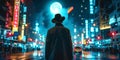 A Resolute Detective In Hat Casts A Striking Figure Against A Lively Cityscape With A Moonlit Backdrop