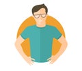 Resolute handsome man in glasses. Lets do it concept. Flat design icon. Decisive boy with arms akimbo. Simply editable isolated ve