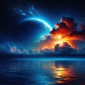 resolution or View from Night landscape with universe made from molten exploding filigree quantum Technology