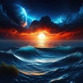 resolution or View from Night landscape with universe made from molten exploding filigree quantum Technology