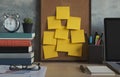 Resolutions, notes, goals, post, memo or action plan concept. Sticky notes on cork board in workplace office with laptop, notebook