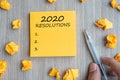 2020 RESOLUTIONS word on yellow note with Businessman holding pen and crumbled paper on wooden table background. New Year start,