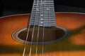 resonant hole in the soundboard of a guitar neck with strings