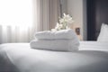 bed welcome bedchamber bath spa comfortable flower modern towel window. Generative AI. Royalty Free Stock Photo