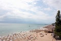 Resort Golden Sands Bulgaria view of the beach in summer. Panoramic top view on the sandy beach and sea horizon Royalty Free Stock Photo