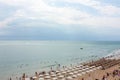 Resort Golden Sands Bulgaria view of the beach in summer. Panoramic top view on the sandy beach and sea horizon, with vacationers