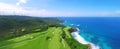 A resort golf course by the ocean, on a beautiful sunny day. A long hole par 5 hole by the sea shore. aerial shot.