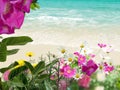 Blue sky and turquoise sea water wave white sand and green tropical plant and beautiful wild flowers suumer beach holiday backgr