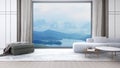 Resort living Simple lakeside in sitting corner of the cliffside workspace overlooking the lake and the mountains outside