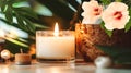 spa salon tropical flowers candle blurred light white towel cozy relaxing meditation massage salon