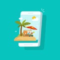 Resort scene on mobile phone screen vector illustration, flat cartoon smartphone with summer beach vocation, concept of Royalty Free Stock Photo