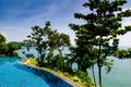 Infinity edge pool with blue sea and clear sky. Wide angle shot Royalty Free Stock Photo