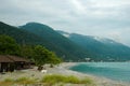 Resort town of Gagra, view of the mountains and the coast. Golden beaches of Gagra. Abkhazia Royalty Free Stock Photo