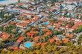 Resort village with numerous hotels and cottages with turquoise water in swimming pools. Aerial view. Tourism and Royalty Free Stock Photo