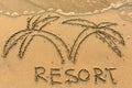 Resort word and palm tree - drawn on the sand beach with the soft wave. Travel.