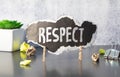 Respect word written on wood block. Respect word is made of wooden building blocks lying on the yellow table. Royalty Free Stock Photo