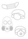 Respirator and face mask to protect brows and respiratory organs, outline vector stock illustration with set of face masks and