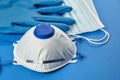 Respirator FFP2, disposable surgical face masks and rubber gloves, protection against coronovirus