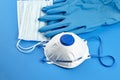 Respirator FFP2, disposable surgical face masks and rubber gloves, protection against coronovirus