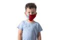 Respirator with flag of Bahrain. White boy puts on medical face mask isolated on white background