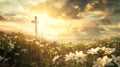 Resplendent Easter Dawn: Cross Amidst Wildflowers in Radiant Sunrise Royalty Free Stock Photo