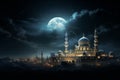 Resplendent Mosque evening sky moon. Generate Ai