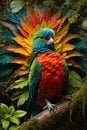 A resplendent quetzal with dazzling plumage takes center stage in dense Brazilian tropical rainforest