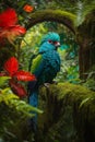 A resplendent quetzal with dazzling plumage takes center stage in dense Brazilian tropical rainforest