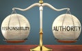 Responsibility and authority staying in balance - pictured as a metal scale with weights and labels responsibility and authority