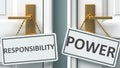 Responsibility or power as a choice in life - pictured as words Responsibility, power on doors to show that Responsibility and
