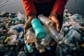 responsible person volunteer hands holding close up plastic trash from beach waste management.