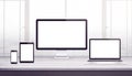 Responsive display devices mockup. Work desk, web design studio